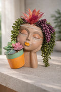 Beautiful Tan Lady Face Faux Flower Ceramic Pot