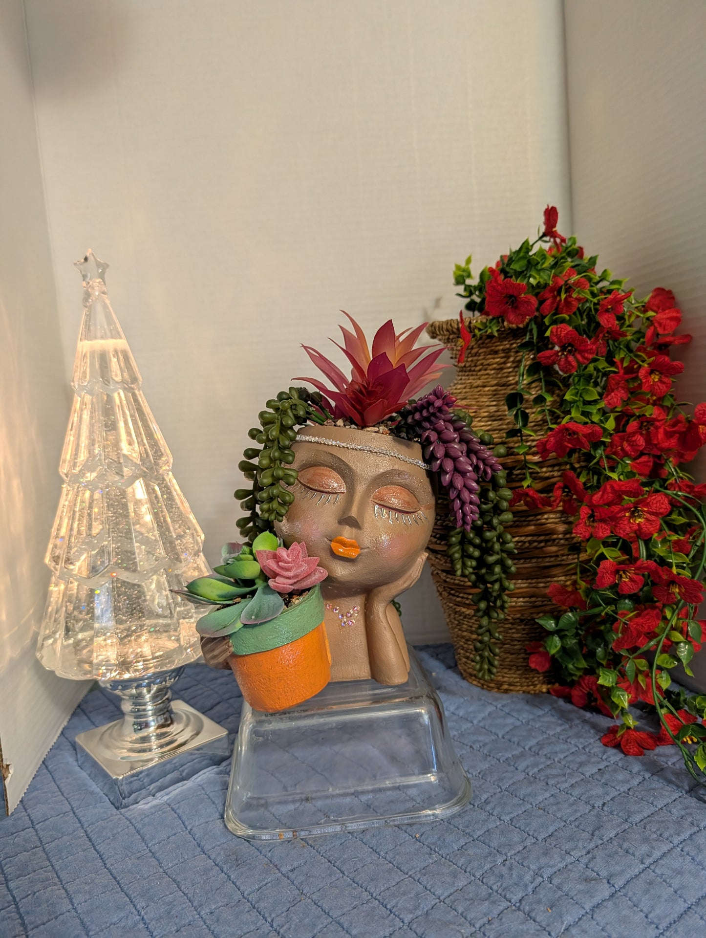 Beautiful Tan Lady Face Faux Flower Ceramic Pot