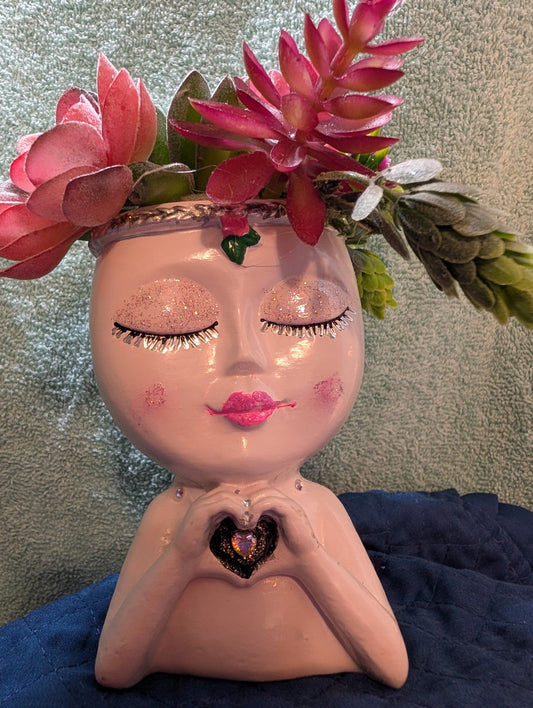 Beautiful White Resin Lady Flower Pot with Faux Arrangement