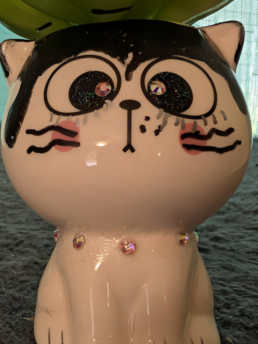 Brown Cat Ceramic Planter with  Faux Green Succulent