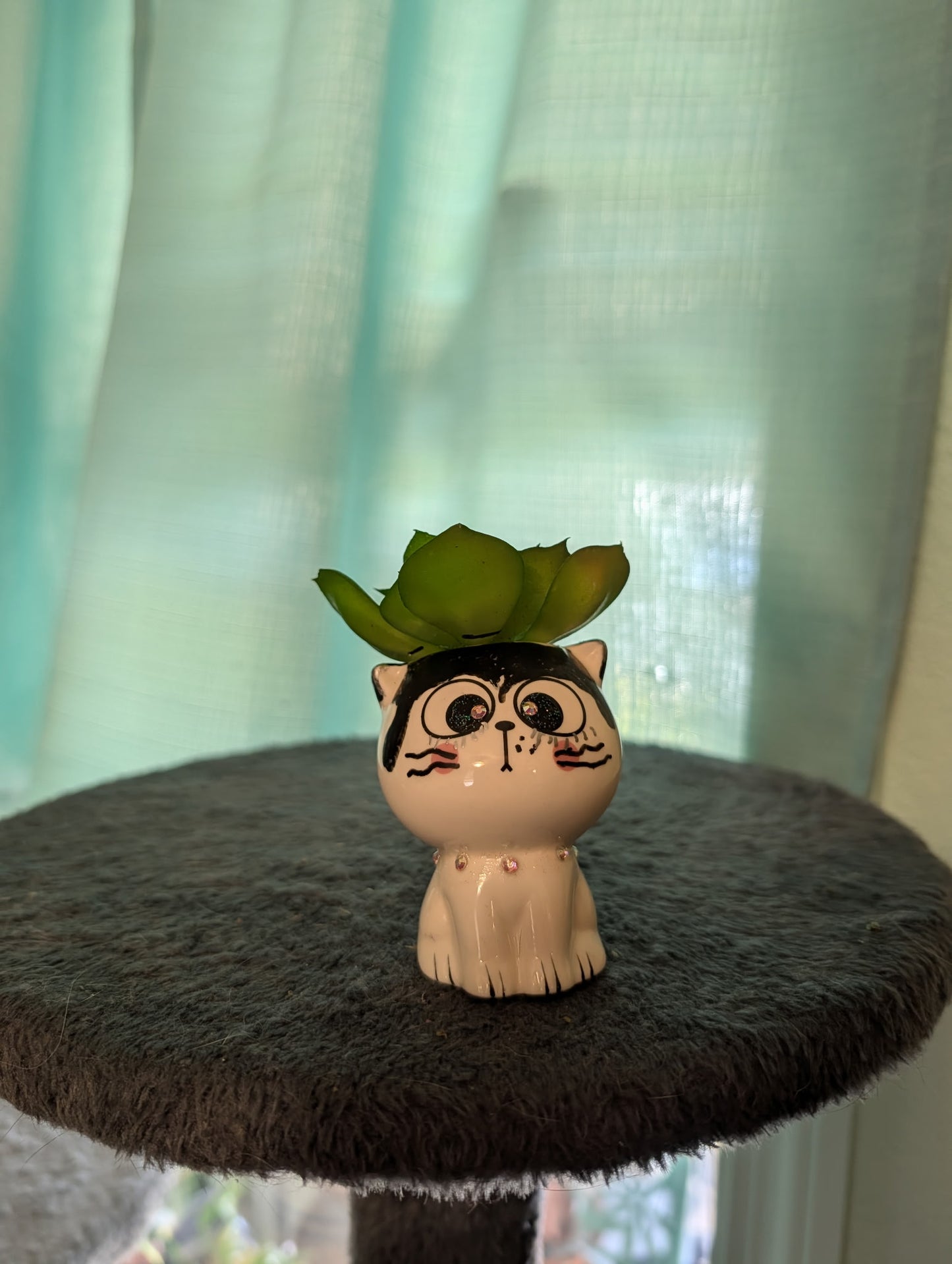 Brown Cat Ceramic Planter with  Faux Green Succulent