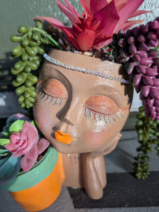 Beautiful Tan Lady Face Faux Flower Ceramic Pot