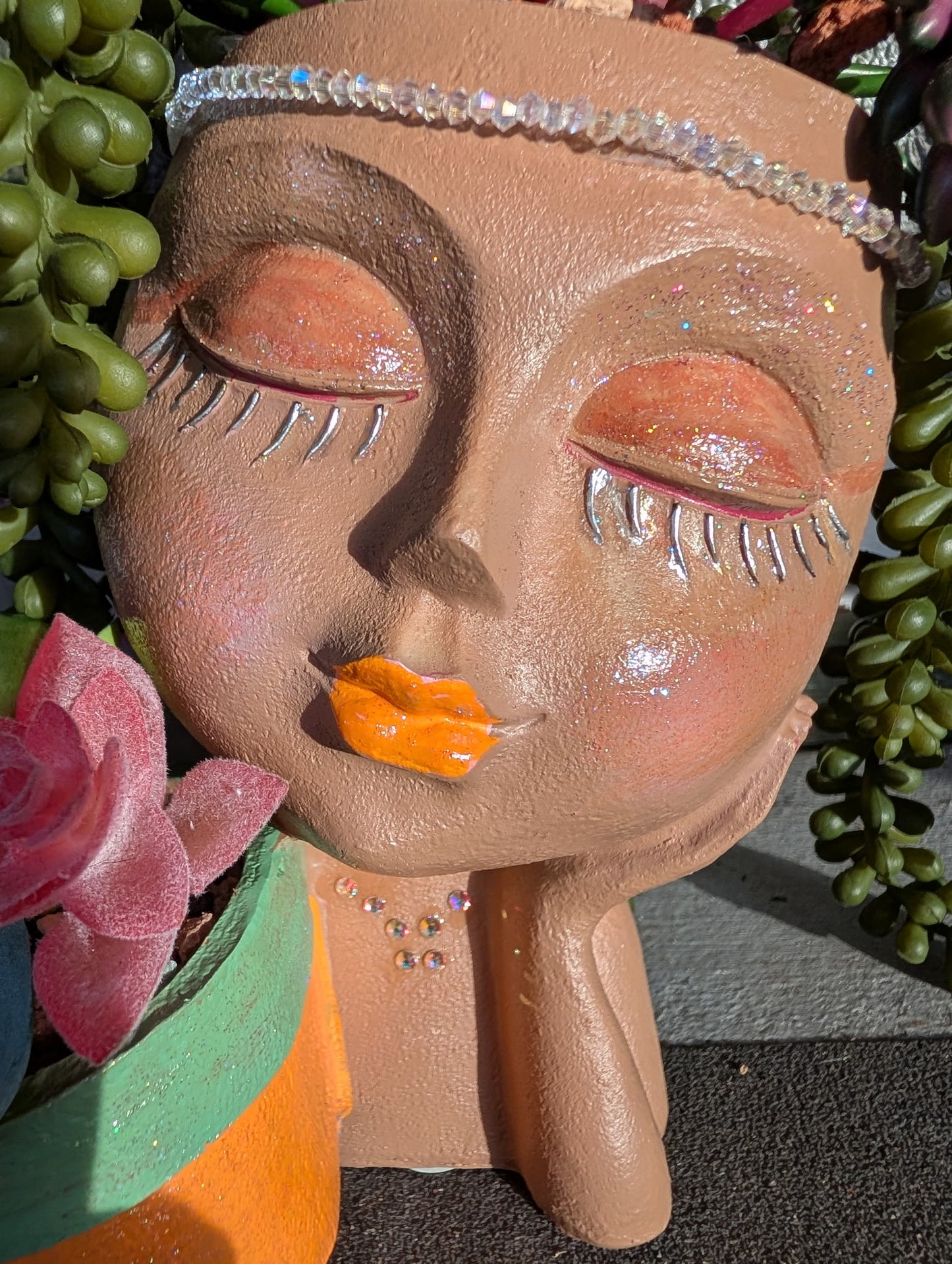 Beautiful Tan Lady Face Faux Flower Ceramic Pot