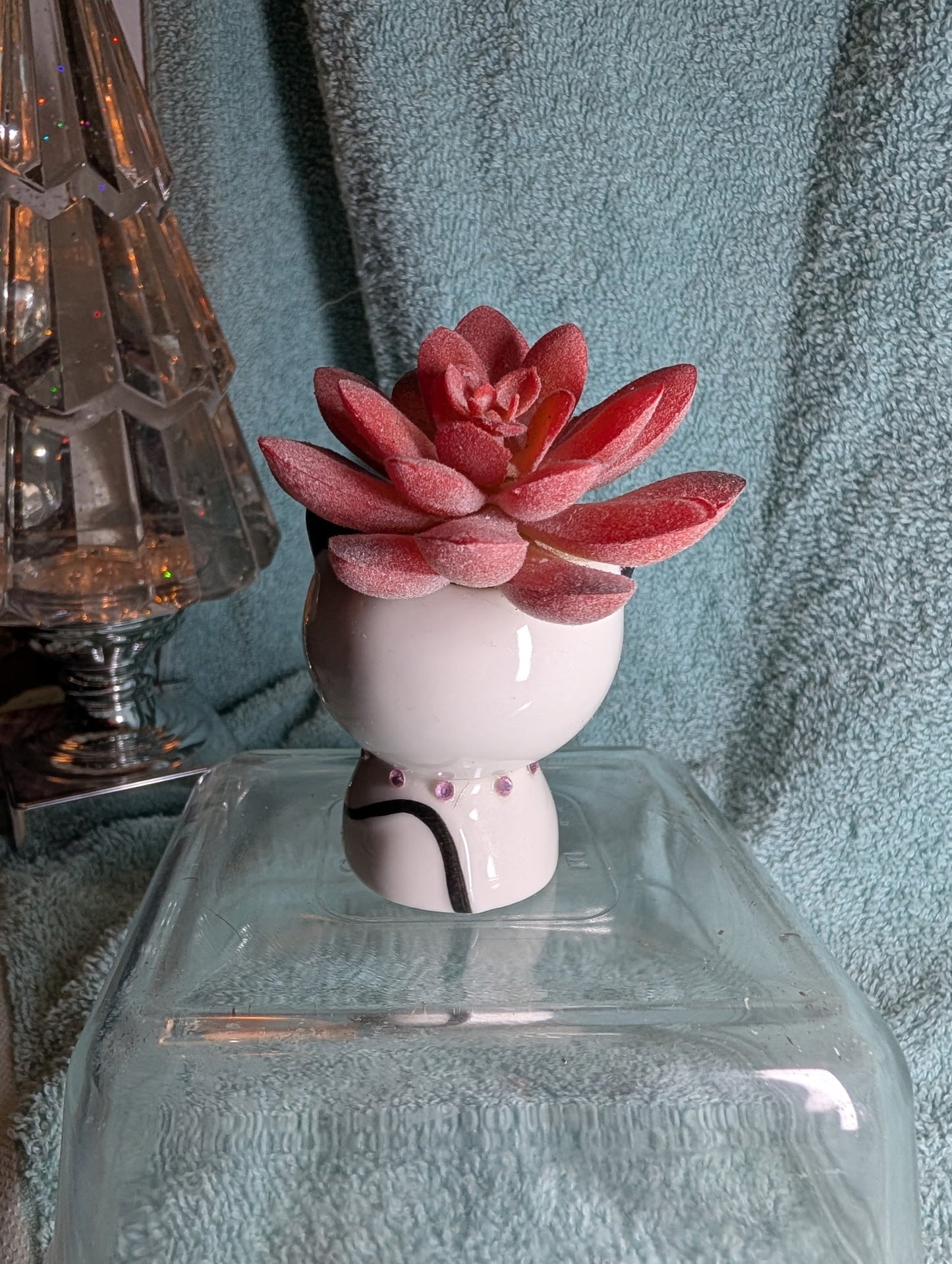 Cute White Ceramic Cat Planter with Faux Red Succulent